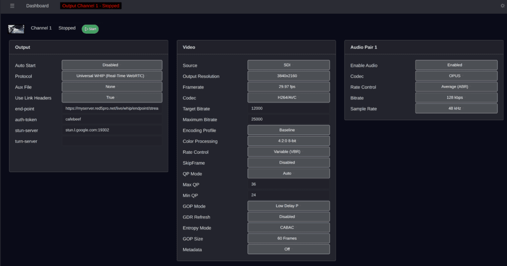 Settings panel for WHIP protocol configuration in Osprey Video interface
