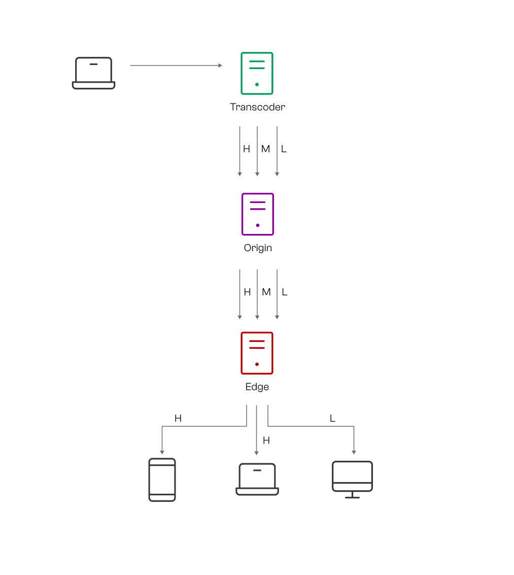 Figure 4: Overview of the system and the server connections when publishing a single stream with a transcoder.