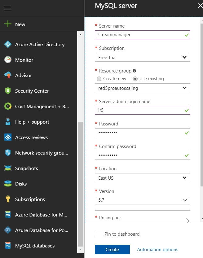 New Azure MySQL Database Server 