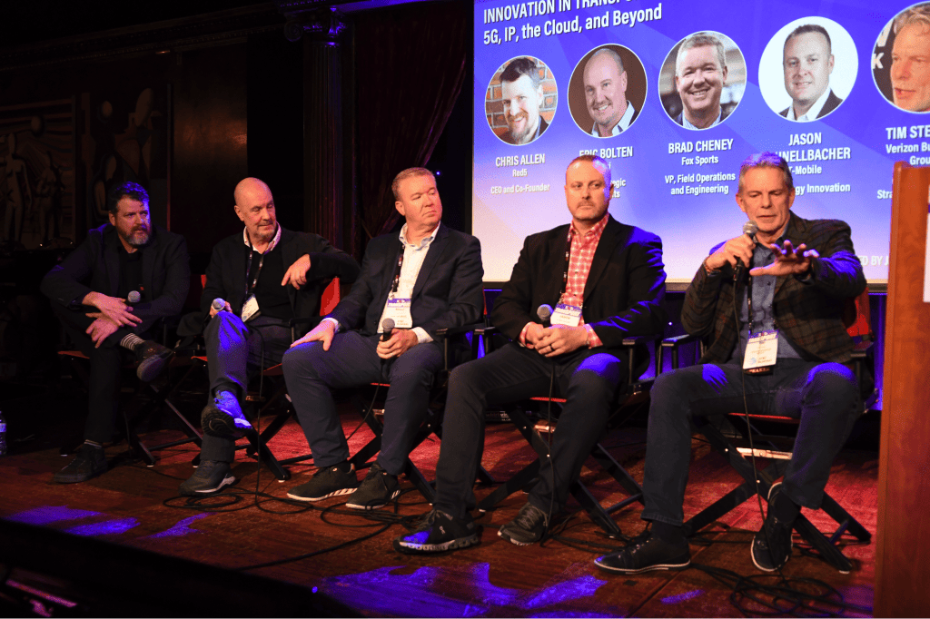 The TranSPORT Technology: 5G, IP, the Cloud, and Beyond panel at the SVG TranSPORT event 2024 featured Chris Allen (Red5), Eric Bolten (Zixi), Brad Cheney (Fox Sports), Jason Schnellbacher (T-Mobile), and Tim Stevens (Verizon Business Group).