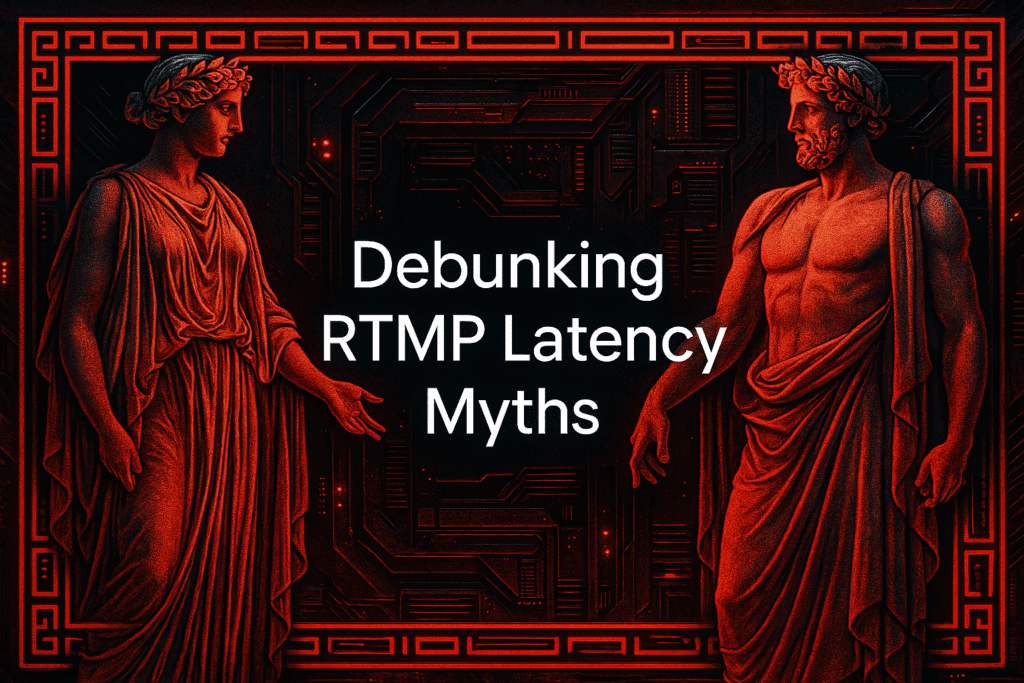 Greek-style figures with glowing red tech backdrop