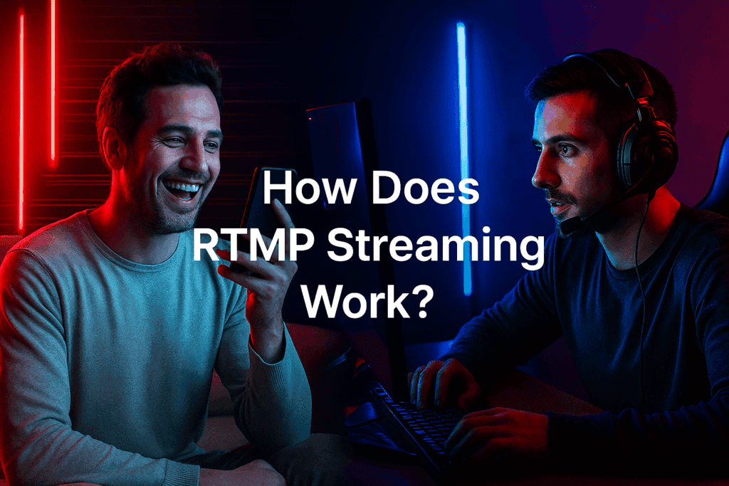 Two men streaming with RTMP protocol with vibrant LED lighting