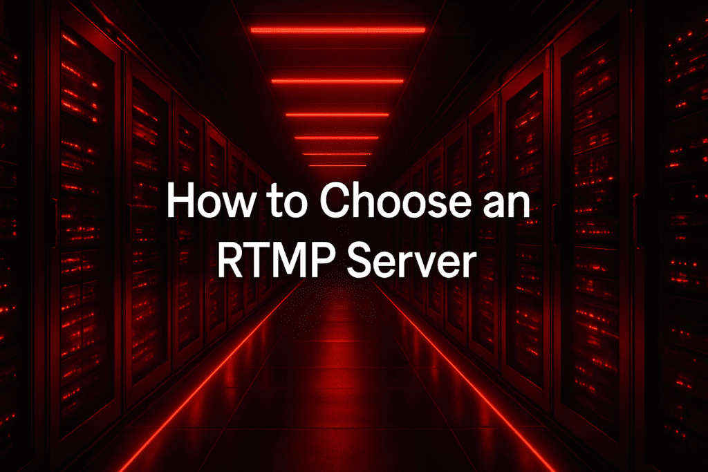 Red-lit server room with centered RTMP title