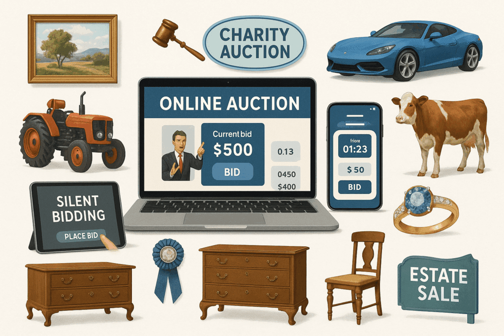 Online auction types, platforms, and items displayed