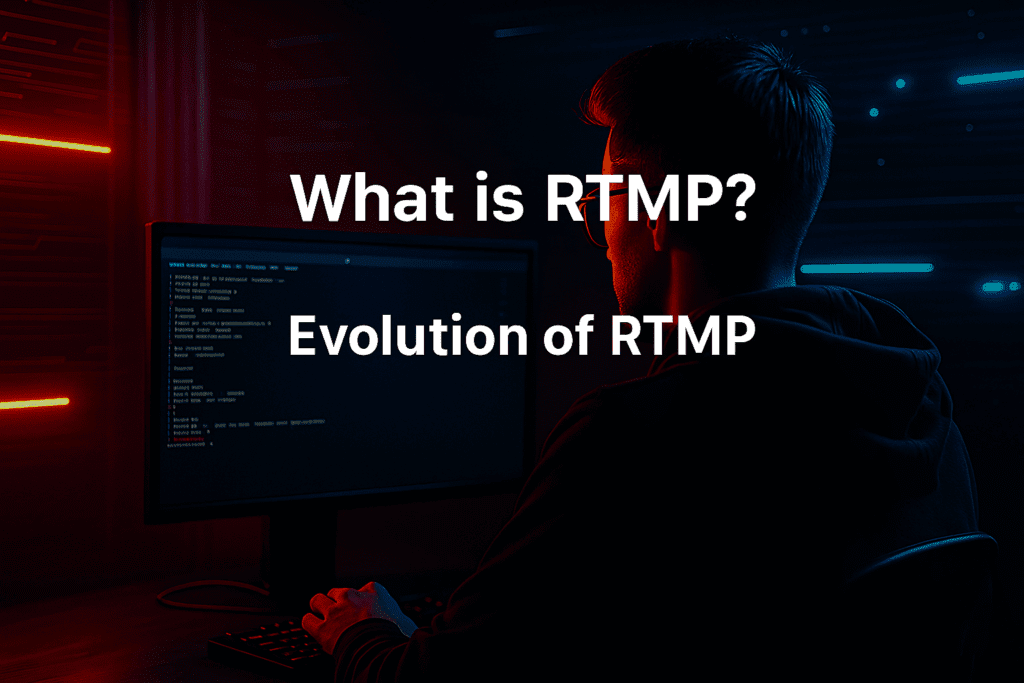 A developer writing Linux code to set up an RTMP server, illuminated by red and blue LED lights