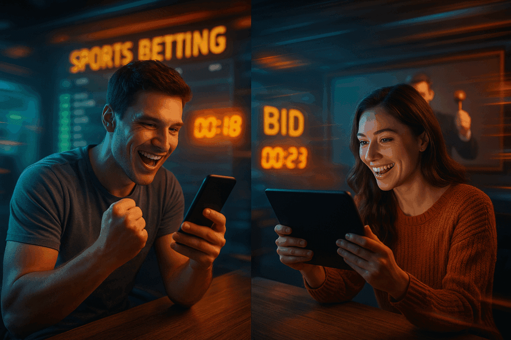 Man sports betting, woman bidding in real-time auction, both excited