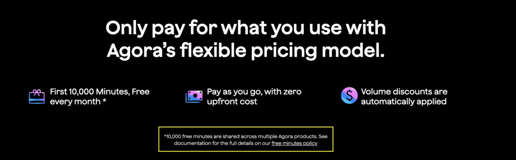 A screenshot showing Agora’s 10,000 free minutes offer