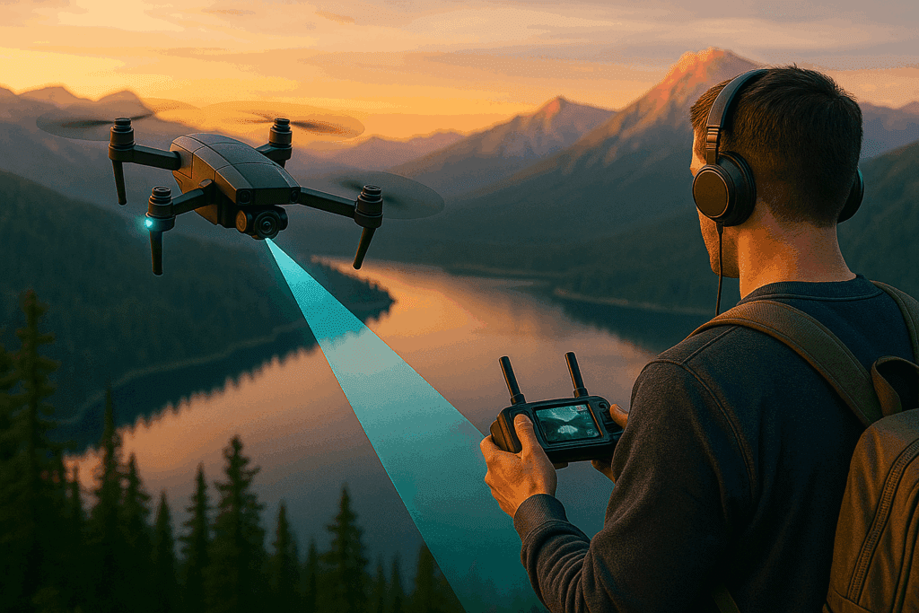 content creator controls the drone to capture footage