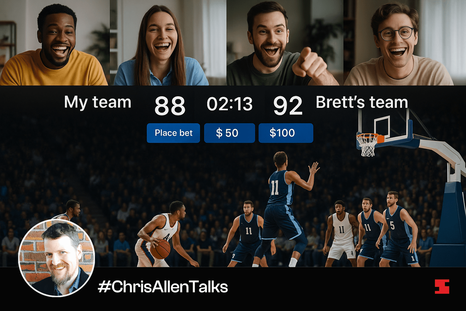 a group of friends watching a basketball game together in video call
