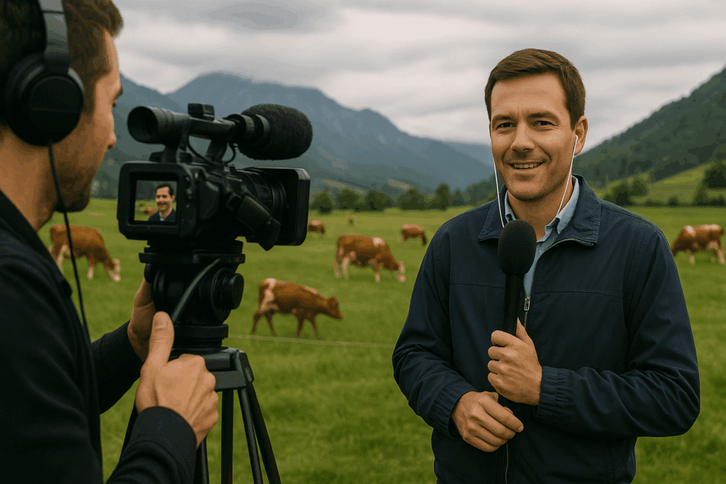 Reporter giving live interview in field