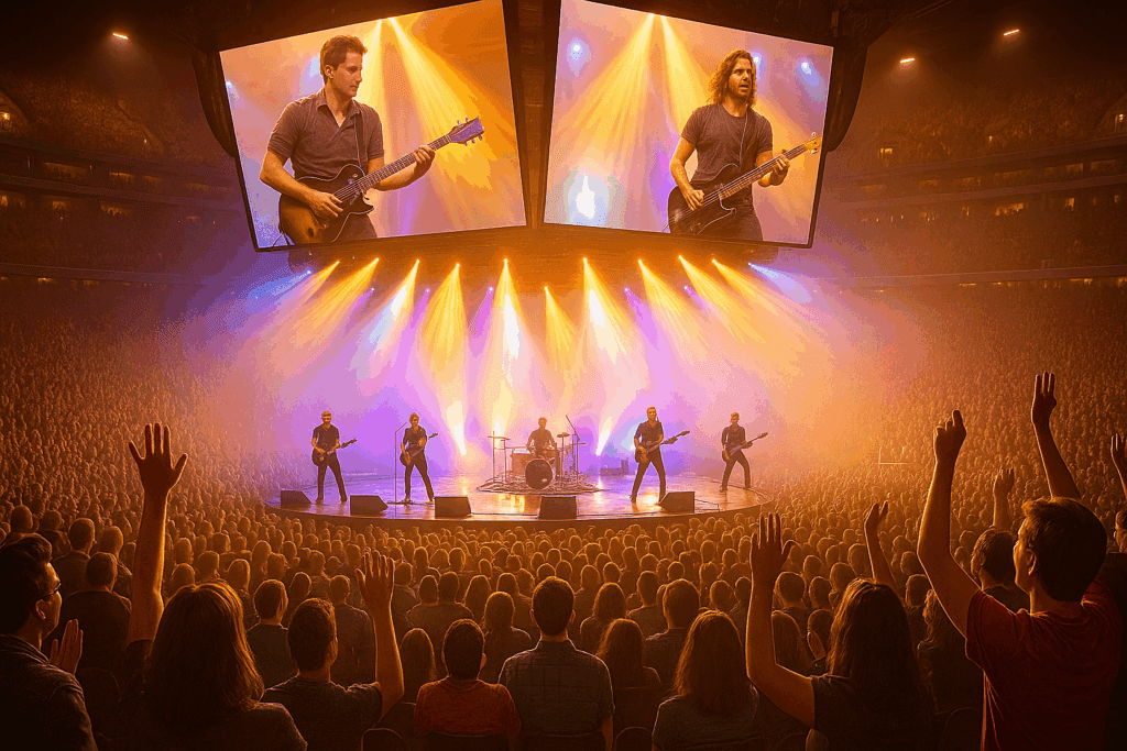 Video screens display musicians at arena